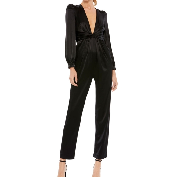 MAC DUGGAL Front Twist Puff Sleeve Deep V Jumpsuit Size 10 Black
